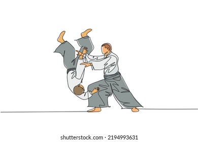 One single line drawing of young energetic man wearing kimono exercise aikido throw technique in sport hall vector illustration. Healthy lifestyle sport concept. Modern continuous line draw design