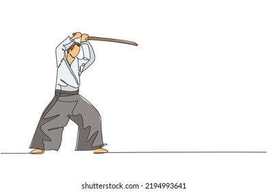 One Single Line Drawing Of Young Energetic Man Wearing Kimono Exercise Aikido Technique With Wooden Sword In Sports Hall Vector Illustration. Healthy Sport Concept. Modern Continuous Line Draw Design