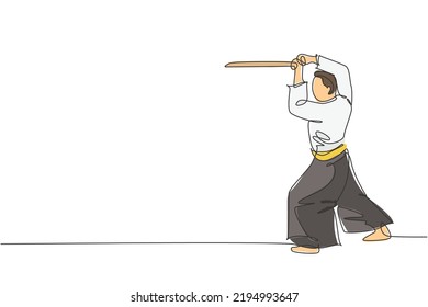 One single line drawing of young energetic man wearing kimono exercise aikido technique with wood sword in sport hall vector illustration. Healthy lifestyle sport concept. Continuous line draw design