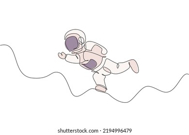 One single line drawing of young astronaut in spacesuit flying at outer space vector graphic illustration. Spaceman adventure galactic space concept. Modern continuous line draw design