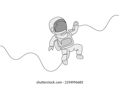 One single line drawing of young astronaut in spacesuit flying at outer space vector illustration graphic. Spaceman adventure galactic space concept. Modern continuous line draw design