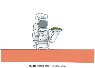 One single line drawing of young astronaut chef serving healthy salad cuisine food for cafe resto vector graphic illustration. Delicious space galaxy dish concept. Modern continuous line draw design