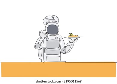 One single line drawing of young astronaut giving okay hand gesture for tasty food, cafe restaurant vector illustration. Delicious space galaxy dish concept. Modern continuous line draw graphic design