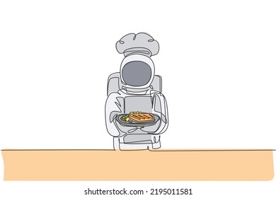 Un dibujo de una sola línea de un joven astronauta chef que sirve comida saludable de carne para cafe para ilustración gráfica de vectores. Delicioso concepto de galaxia espacial. Diseño de traza de línea continua moderna
