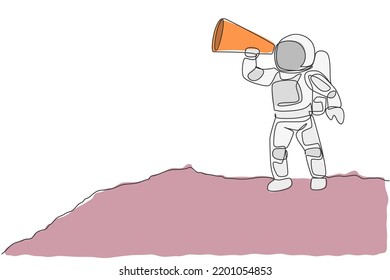 One single line drawing of young astronaut holding paper speaker to announce loudly some rules in moon surface vector illustration. Cosmonaut deep space concept. Modern continuous line draw design