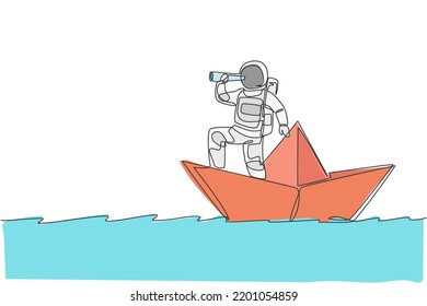 One single line drawing young astronaut look at forward using telescope while standing on paper boat in sea ocean graphic vector illustration. Cosmonaut deep space concept. Continuous line draw design