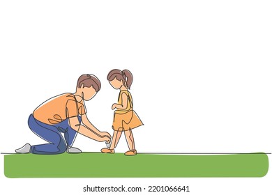 One single line drawing of young dad tying her daughter shoelaces before go to school , parenting vector illustration. Happy family playing together concept. Modern continuous line draw graphic design