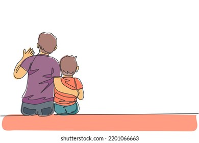 One single line drawing of young happy dad talking with his son about idea and purpose of life at home vector illustration. Parenting education. Family parenthood concept. Continuous line draw design