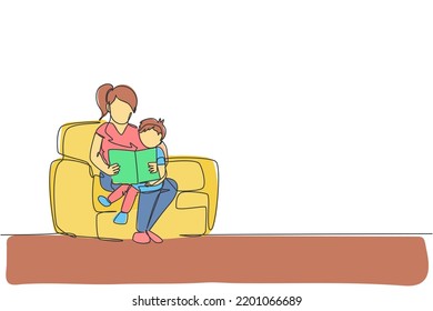 One single line drawing young happy mother   her son siting sofa reading story book together vector graphic illustration  Family parenting education concept  Modern continuous line draw design