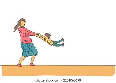 One single line drawing of young happy mother lifting and spinning her son up in the air at home vector illustration. Parenting education. Family parenthood concept. Modern continuous line draw design