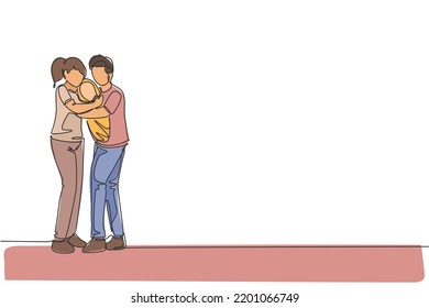 One single line drawing of young happy mother and father hugging their baby together full of warmth graphic vector illustration. Parenting education concept. Modern continuous line draw design
