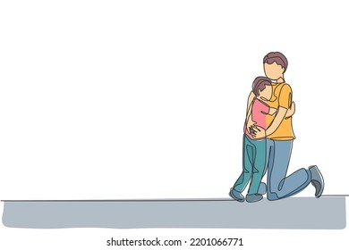 One single line drawing of young happy daddy hugging his lovely son full of warmth at home vector illustration. Parenting education concept. Modern continuous line graphic draw design