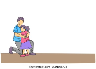 One single line drawing of young happy father hugging his lovely daughter full of warmth at school vector illustration. Parenting education concept. Modern continuous line graphic draw design