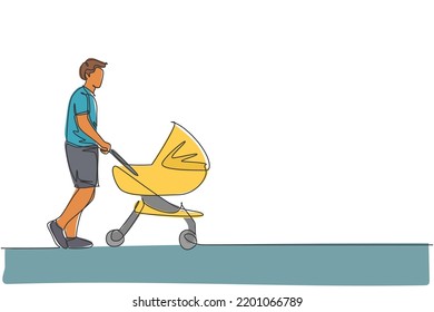 One single line drawing of young happy father pushing baby trolley at outdoor park vector graphic illustration. Parenting education concept. Modern continuous line draw design