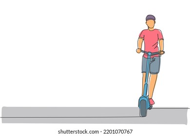 One single line drawing of young energetic man riding electric scooter at city park vector graphic illustration. Future transport. Healthy lifestyle sport concept. Modern continuous line draw design