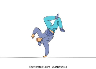 One single line drawing of young modern street dancer man with hoodie performing hip hop dance on the stage vector graphic illustration. Urban generation lifestyle concept. Continuous line draw design