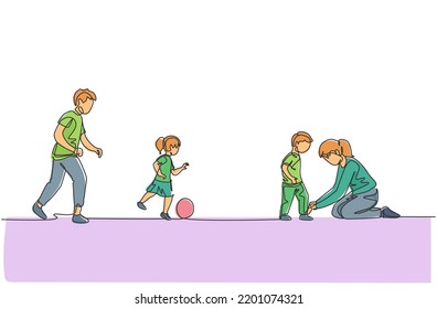 One single line drawing of young dad playing soccer with daughter at field while mom tying son's shoelaces vector illustration. Happy family parenting concept. Modern continuous line draw design