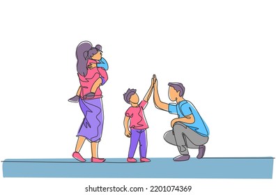One single line drawing of young father giving high five to his son while mother carrying sleepy daughter vector illustration. Happy family parenting concept. Modern continuous line draw design