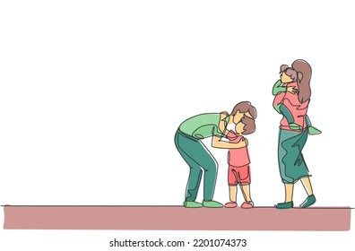 One single line drawing of young father hugging his son before go to the office while mom carrying daughter at home vector illustration. Happy family parenting concept. Continuous line draw design