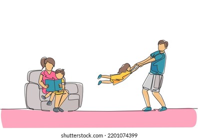 One single line drawing of young father playing with daughter while mother sitting on sofa and reading book to son vector illustration. Happy family parenting concept. Continuous line draw design