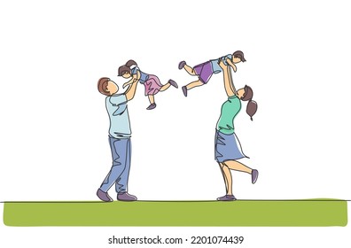 Dibujo de una sola línea de madre y padre joven criando a su hijo e hija en el aire en la ilustración del vector del hogar. Feliz concepto de paternidad familiar. Diseño de traza de línea continua moderna