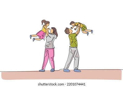 One single line drawing of young mother and father raising their son and daughter up in the air at home vector illustration. Happy family parenting concept. Modern continuous line draw design