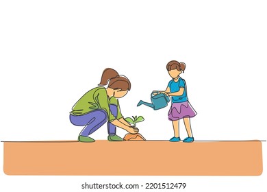 One single line drawing of young mom teach her daughter planting while the kid watering a plant at home garden vector illustration. Happy parenting learning concept. Modern continuous line draw design