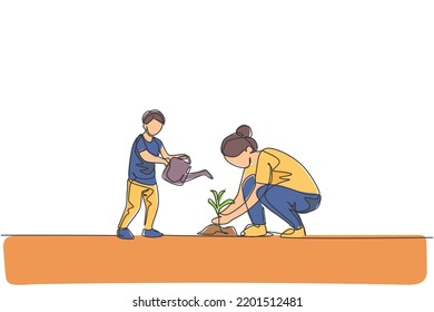 One single line drawing of young mother teach her son planting while the kid watering a plant at home garden vector illustration. Happy parenting learning concept. Modern continuous line draw design