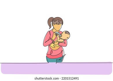 One single line drawing of young mother carrying and feeding her baby with nutritious food at home vector illustration. Happy parenting learning concept. Modern continuous line draw graphic design