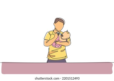 One single line drawing of young father carrying and feeding his baby with nutritious food at home graphic vector illustration. Happy parenting learning concept. Modern continuous line draw design