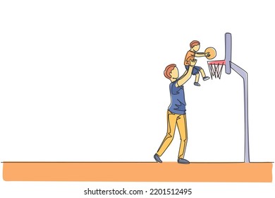 One single line drawing young father raise his son to score when playing basketball game at home field vector graphic illustration. Happy parenting learning concept. Modern continuous line draw design