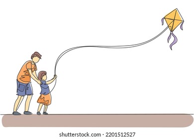 One single line drawing of young dad and his daughter playing to fly kite up into the sky at outdoor field vector illustration. Happy family bonding concept. Modern continuous line graphic draw design