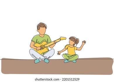 One single line drawing young father playing guitar and happy singing together with his daughter at home graphic vector illustration. Happy family bonding concept. Modern continuous line draw design