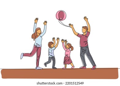 One single line drawing of young mother and father playing throw beach ball with their son and daughter at home vector illustration. Happy family parenting concept. Modern continuous line draw design