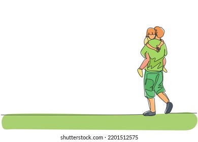 One single line drawing of young father carrying his sleepy tired daughter go to the bed room vector graphic illustration. Happy family parenting concept. Modern continuous line draw design