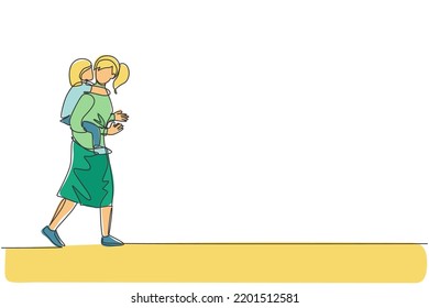 One single line drawing of young mom talking while carrying her sleepy tired daughter on back go to the bed room vector illustration. Happy family parenting concept. Modern continuous line draw design