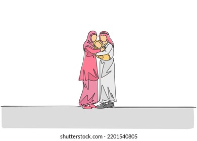 One single line drawing of young Arabian father and mother hugging their baby full of love vector illustration. Islamic Muslim happy family parenting concept. Modern continuous line draw design