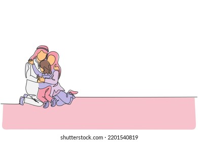 One single line drawing of young happy Arabian mother and father hugging their daughter girl on the floor vector illustration. Muslim happy family parenting concept. Modern continuous line draw design
