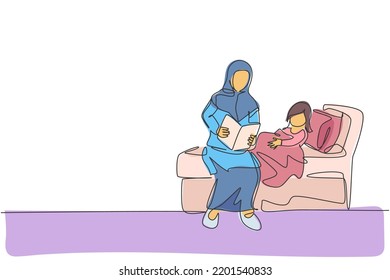 One single line drawing of young Islamic mom read bedtime story book to her daughter before sleep vector illustration. Happy Arabian muslim family parenting concept. Modern continuous line draw design