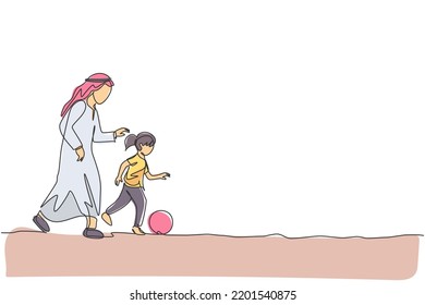 One Single Line Drawing Of Young Arabian Dad Playing Soccer With His Daughter Girl At Field Park Vector Illustration. Happy Islamic Muslim Family Parenting Concept. Modern Continuous Line Draw Design