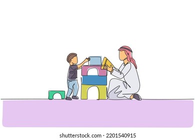One single line drawing of young Arabian father playing block foam puzzle brick house with son at home vector illustration. Happy Islamic muslim family parenting concept. Continuous line draw design