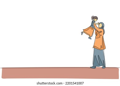One single line drawing of young Islamic mother playing and lifting her daughter girl up into the air vector illustration. Arabian muslim happy family parenting concept. Continuous line draw design
