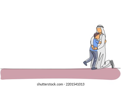 Un dibujo de una sola línea de un joven padre árabe tocando y abrazando a un niño lleno de la cálida ilustración vectorial del amor. El concepto islámico de la paternidad familiar feliz. Diseño de traza de línea continua moderna
