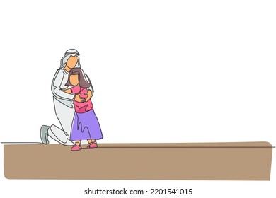 One single line drawing of young happy Arabian father hugging her daughter girl full of love and warmth vector illustration. Muslim happy family parenting concept. Modern continuous line draw design