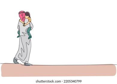 One single line drawing of young Islamic dad carrying and hugging his sleepy daughter to bedroom vector illustration. Happy Arabian muslim family parenting concept. Modern continuous line draw design