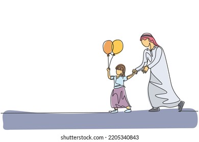 One single line drawing of young Islamic dad holding daughter's hand who hold balloon at park vector illustration. Happy Arabian muslim family parenting concept. Modern continuous line draw design