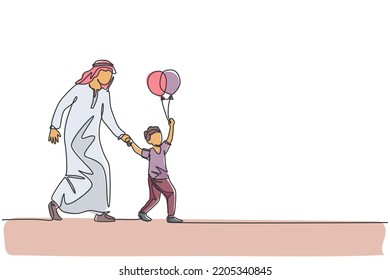 One single line drawing of young Islamic father accompany his son who hold balloon to play at amusement park vector illustration. Arabian muslim family parenting concept. Continuous line draw design