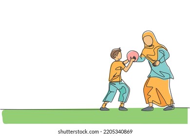 One Single Line Drawing Of Young Islamic Mother Playing Basketball Sport With Her Son At Public Park Vector Illustration. Arabian Muslim Family Parenting Concept. Modern Continuous Line Draw Design