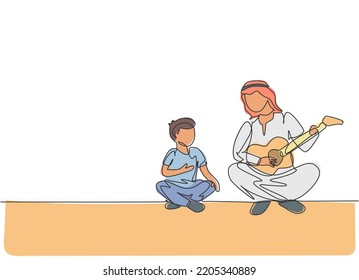 One single line drawing of young Arabian father playing guitar and singing together with his son vector illustration. Happy Islamic muslim family parenting concept. Modern continuous line draw design