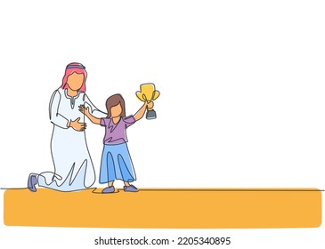 One single line drawing of young Arabian dad congratulate her daughter to win the award trophy vector illustration. Happy Islamic muslim family parenting concept. Modern continuous line draw design